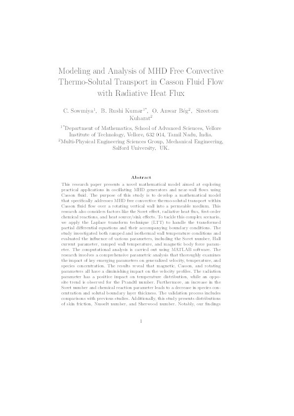 Modeling and Analysis of MHD Free Convective Thermo-Solutal Transport in Casson Fluid Flow with Radiative Heat Flux Thumbnail