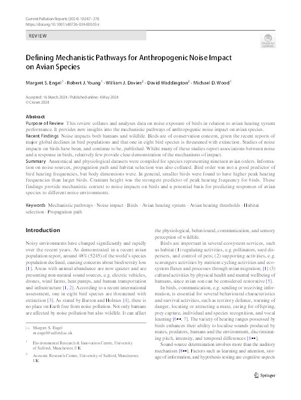 Defining Mechanistic Pathways for Anthropogenic Noise Impact on Avian Species Thumbnail