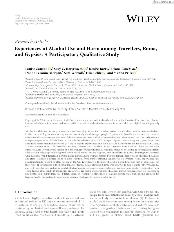 Experiences of Alcohol Use and Harm among Travellers, Roma, and Gypsies: A Participatory Qualitative Study Thumbnail