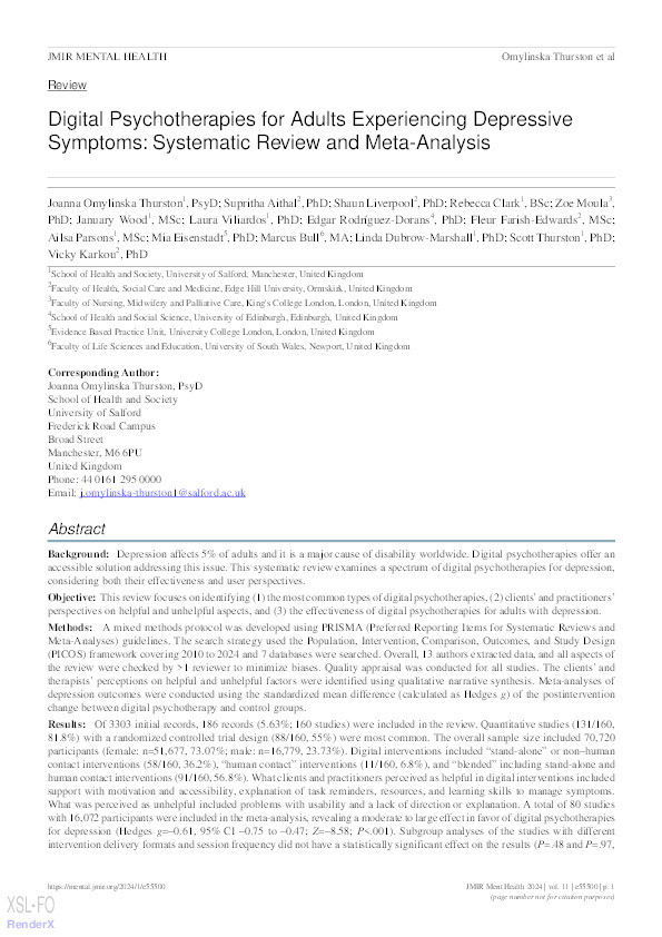 Digital Psychotherapies for Adults Experiencing Depressive Symptoms: Systematic Review and Meta-Analysis Thumbnail