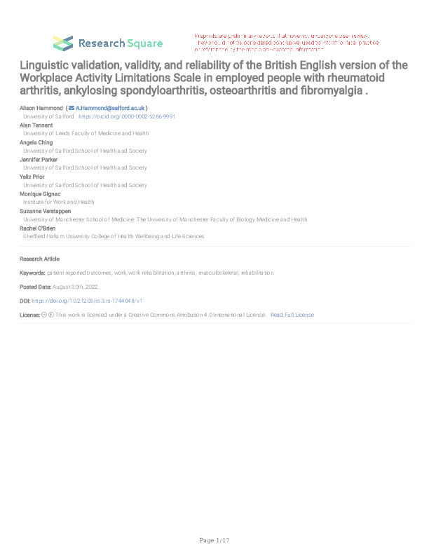 Linguistic validation, validity, and reliability of the British English version of the Workplace Activity Limitations Scale in employed people with rheumatoid arthritis, ankylosing spondyloarthritis, osteoarthritis and fibromyalgia . Thumbnail