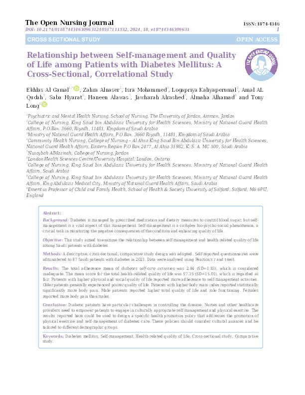 Relationship between Self-management and Quality of Life among Patients with Diabetes Mellitus: A Cross-Sectional, Correlational Study Thumbnail