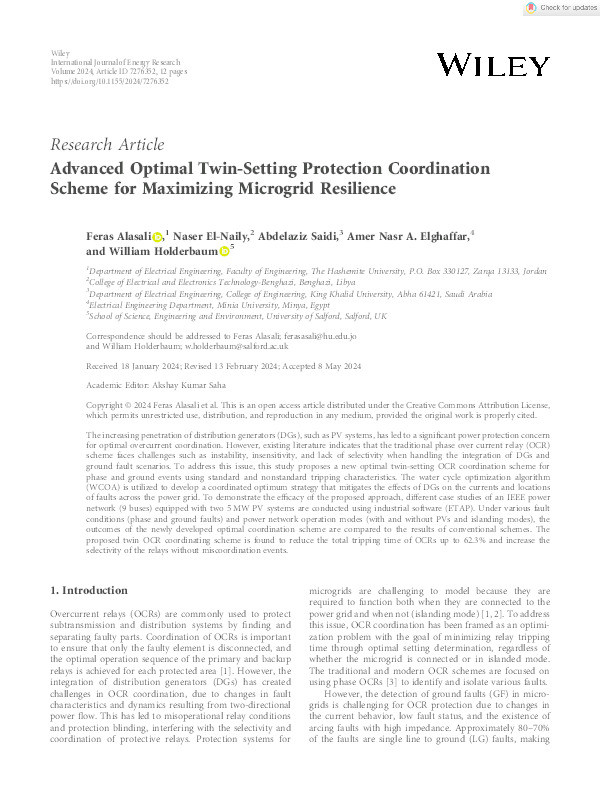 Advanced Optimal Twin‐Setting Protection Coordination Scheme for Maximizing Microgrid Resilience Thumbnail