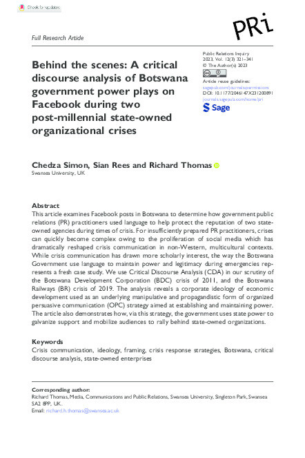 Behind the scenes: A critical discourse analysis of Botswana government power plays on Facebook during two post-millennial state-owned organizational crises Thumbnail