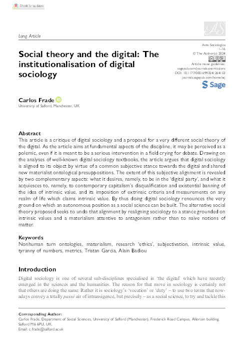 Social theory and the digital: The institutionalisation of digital sociology Thumbnail