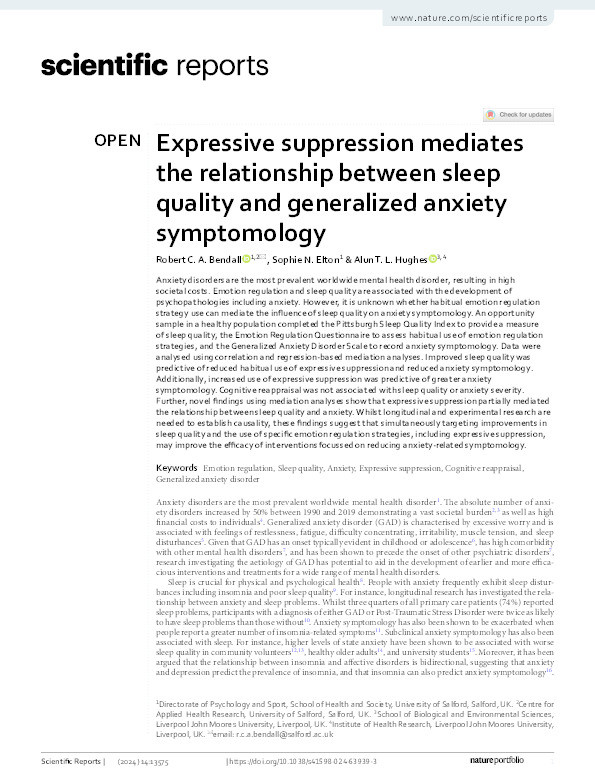 Expressive suppression mediates the relationship between sleep quality and generalized anxiety symptomology Thumbnail