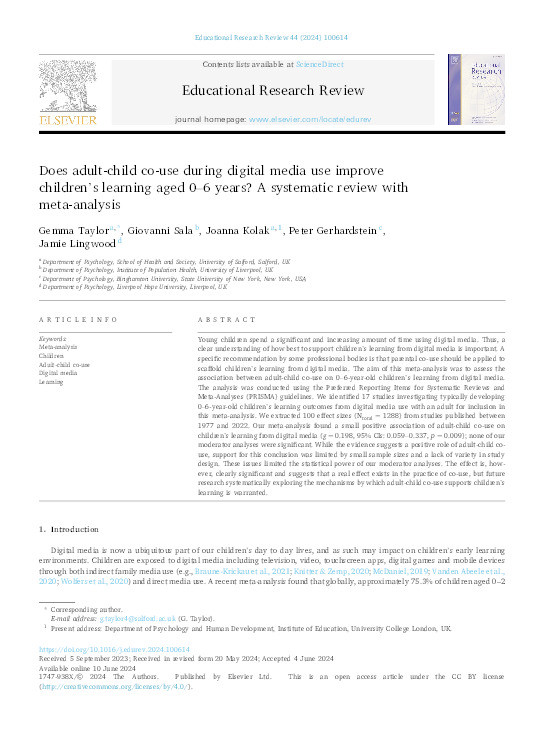 Does adult-child co-use during digital media use improve children's learning aged 0-6 years? A systematic review with meta-analysis Thumbnail