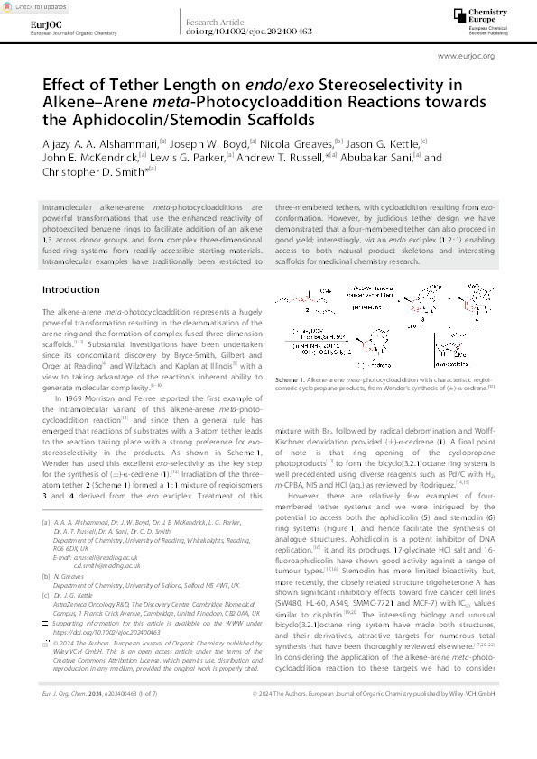 Effect of Tether Length on endo / exo Stereoselectivity in Alkene–Arene meta ‐Photocycloaddition Reactions towards the Aphidocolin/Stemodin Scaffolds Thumbnail