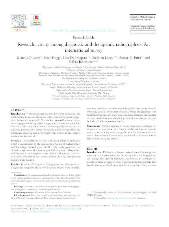 Research activity among diagnostic and therapeutic radiographers: An international survey Thumbnail