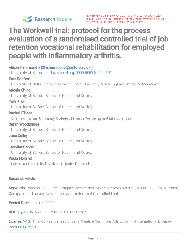 The Workwell trial: protocol for the process evaluation of a randomised controlled trial of job retention vocational rehabilitation for employed people with inflammatory arthritis. Thumbnail