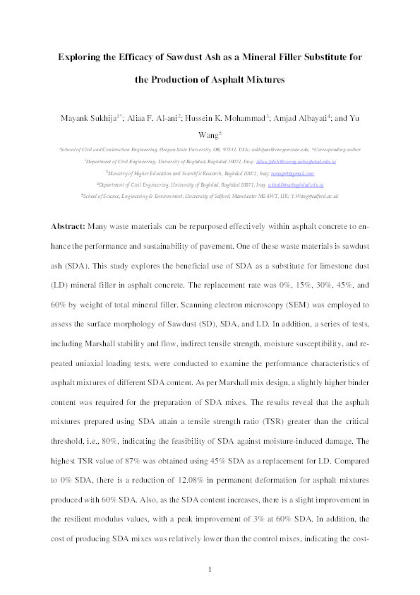 Exploring the efficacy of sawdust ash as a mineral filler substitute for the production of asphalt mixtures Thumbnail