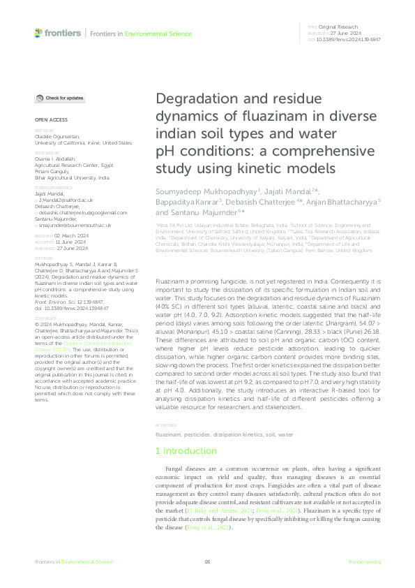 Degradation and residue dynamics of fluazinam in diverse indian soil types and water pH conditions: a comprehensive study using kinetic models Thumbnail