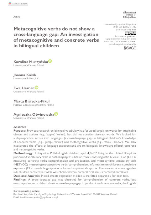 Metacognitive verbs do not show a cross-language gap: An investigation of metacognitive and concrete verbs in bilingual children Thumbnail