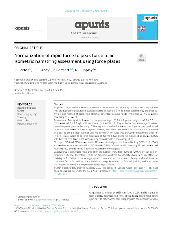 Normalization of rapid force to peak force in an isometric hamstring assessment using force plates Thumbnail