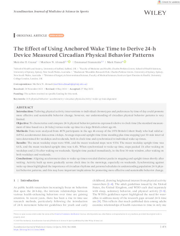 The Effect of Using Anchored Wake Time to Derive 24‐h Device Measured Circadian Physical Behavior Patterns Thumbnail