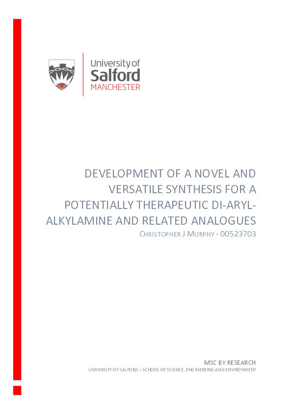 Development of a novel and versatile synthesis for a potentially therapeutic di-aryl-alkylamine and related analogues Thumbnail