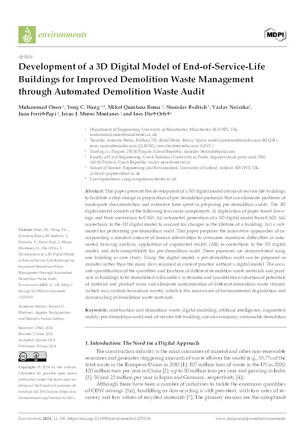 Development of a 3D Digital Model of End-of-Service-Life Buildings for Improved Demolition Waste Management through Automated Demolition Waste Audit Thumbnail