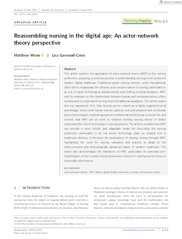 Reassembling nursing in the digital age: An actor‐network theory perspective Thumbnail