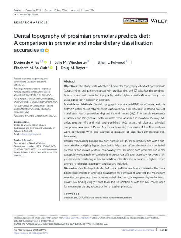 Dental topography of prosimian premolars predicts diet: A comparison in premolar and molar dietary classification accuracies Thumbnail