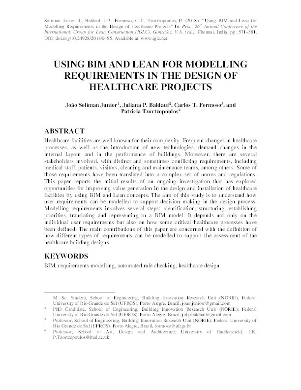Using BIM and Lean for Modelling Requirements in the Design of Healthcare Projects Thumbnail