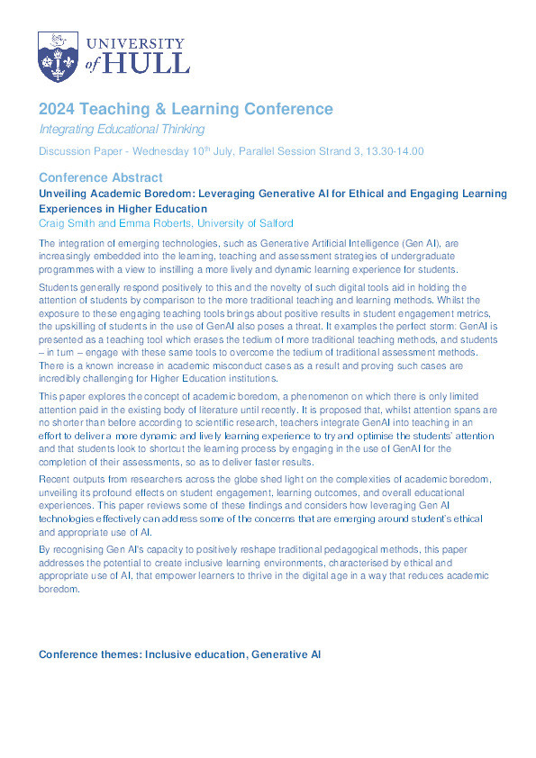 Unveiling Academic Boredom: Leveraging Generative AI for Ethical and Engaging Learning Experiences in Higher Education Thumbnail