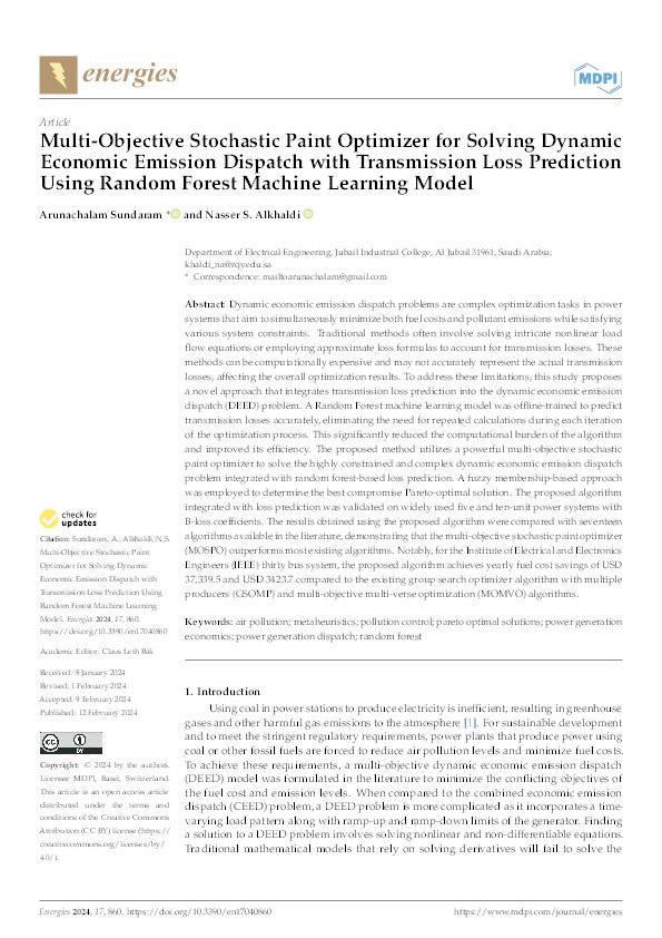 Multi-Objective Stochastic Paint Optimizer for Solving Dynamic Economic Emission Dispatch with Transmission Loss Prediction Using Random Forest Machine Learning Model Thumbnail