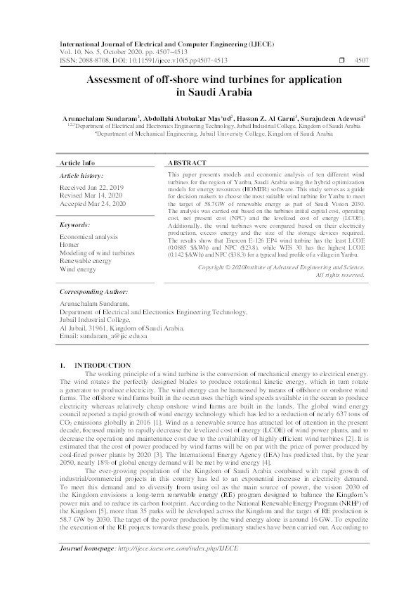 Assessment of off-shore wind turbines for application in Saudi Arabia Thumbnail