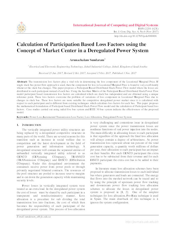 Calculation of participation based loss factors using the concept of market center in a deregulated power system Thumbnail