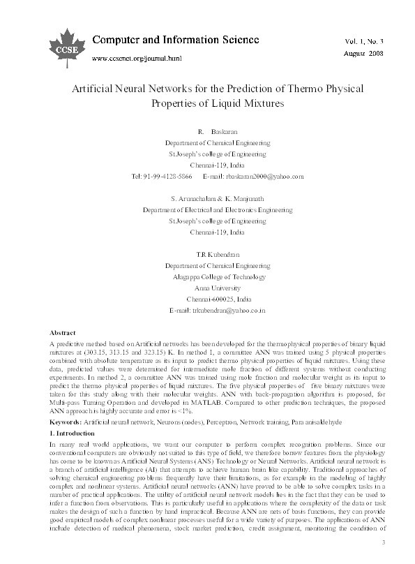 Artificial Neural Networks for the prediction Thermo Physical Properties of Liquid Mixtures Thumbnail