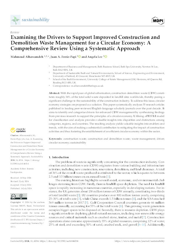 Examining the Drivers to Support Improved Construction and Demolition Waste Management for a Circular Economy: A Comprehensive Review Using a Systematic Approach Thumbnail