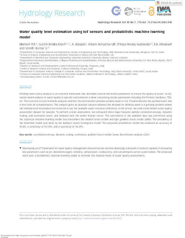 Water quality level estimation using IoT sensors and probabilistic machine learning model Thumbnail