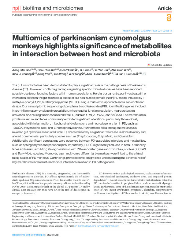 Multiomics of parkinsonism cynomolgus monkeys highlights significance of metabolites in interaction between host and microbiota Thumbnail