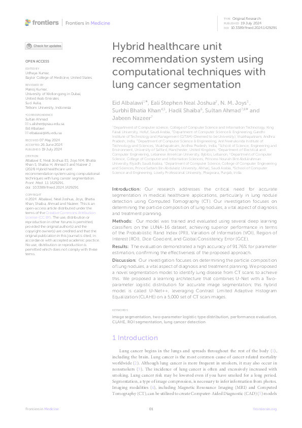 Hybrid healthcare unit recommendation system using computational techniques with lung cancer segmentation Thumbnail