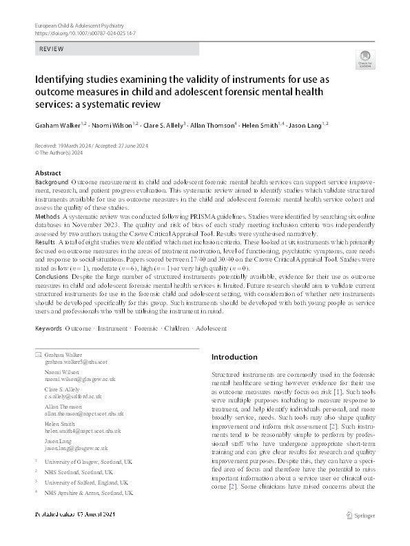 Identifying studies examining the validity of instruments for use as outcome measures in child and adolescent forensic mental health services: a systematic review Thumbnail