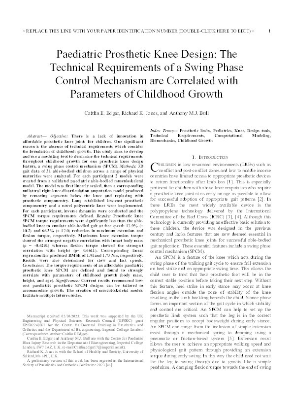 Paediatric Prosthetic Knee Design: The Technical Requirements of a Swing Phase Control Mechanism Are Correlated With Parameters of Childhood Growth Thumbnail