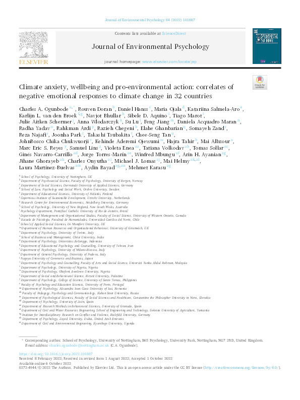 Climate anxiety, wellbeing and pro-environmental action: correlates of negative emotional responses to climate change in 32 countries Thumbnail