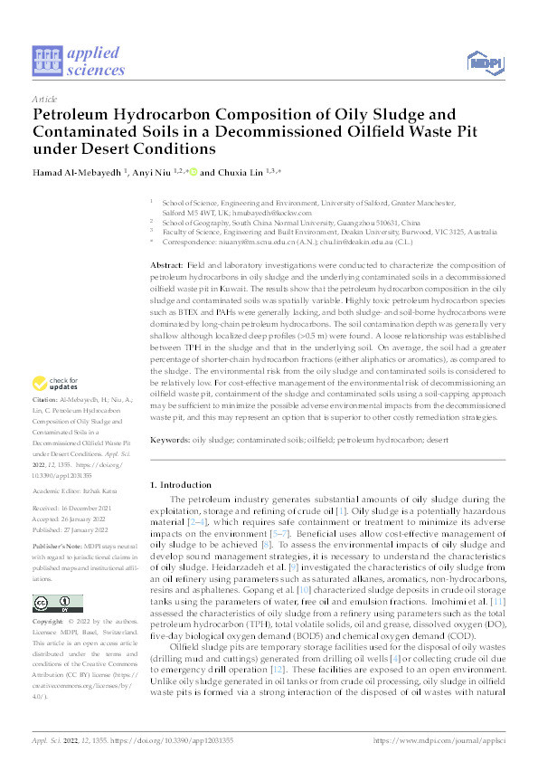 Petroleum Hydrocarbon Composition of Oily Sludge and Contaminated Soils in a Decommissioned Oilfield Waste Pit under Desert Conditions Thumbnail