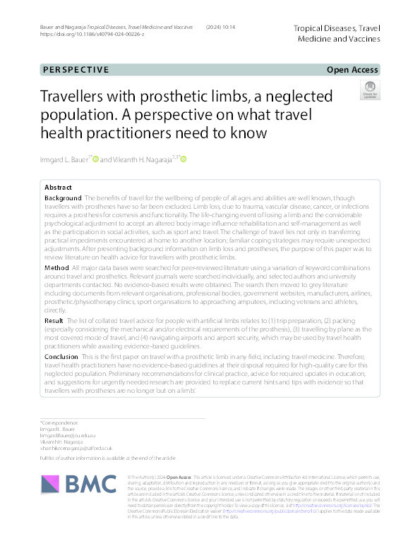 Travellers with prosthetic limbs, a neglected population. A perspective on what travel health practitioners need to know Thumbnail