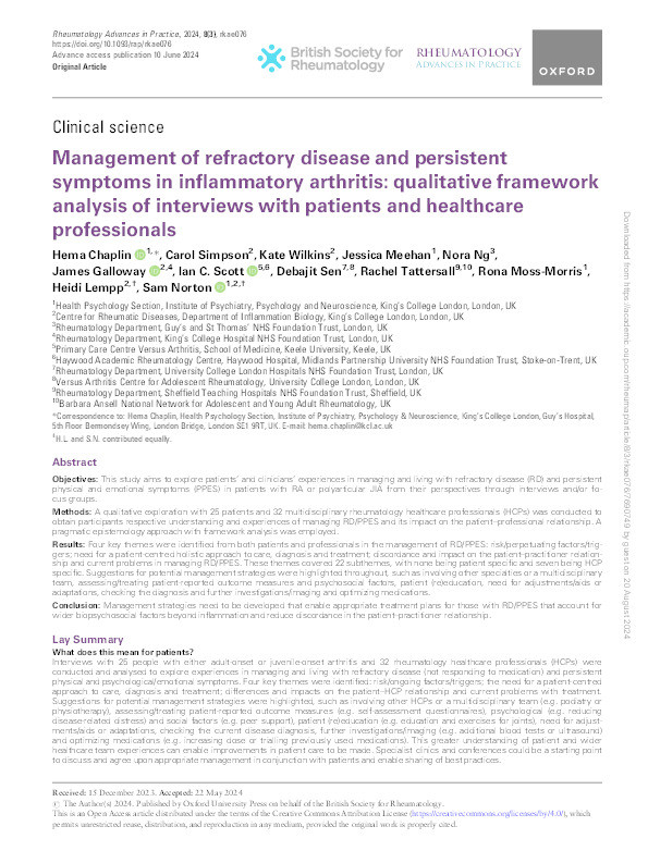 Management of refractory disease and persistent symptoms in inflammatory arthritis: qualitative framework analysis of interviews with patients and healthcare professionals Thumbnail