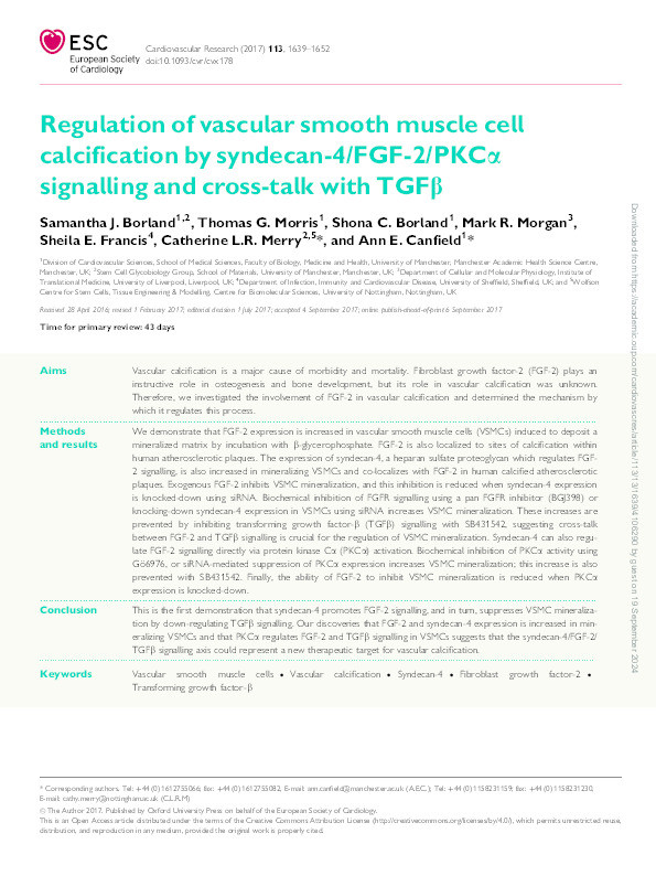 Regulation of vascular smooth muscle cell calcification by syndecan-4/FGF-2/PKCα signalling and cross-talk with TGFβ Thumbnail