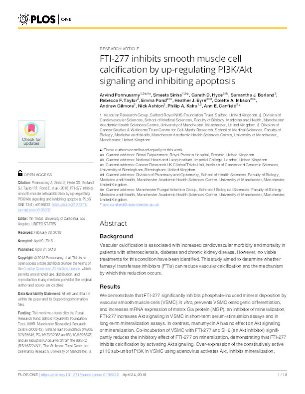 FTI-277 inhibits smooth muscle cell calcification by up-regulating PI3K/Akt signaling and inhibiting apoptosis Thumbnail