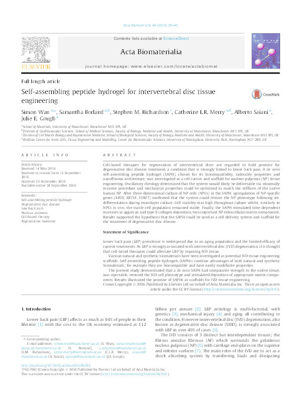 Self-assembling peptide hydrogel for intervertebral disc tissue engineering Thumbnail