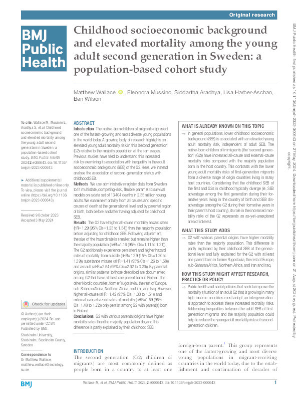 Childhood socioeconomic background and elevated mortality among the young adult second generation in Sweden: a population-based cohort study Thumbnail