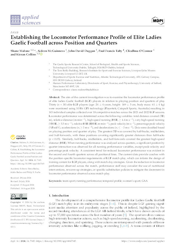 Establishing the Locomotor Performance Profile of Elite Ladies Gaelic Football across Position and Quarters Thumbnail