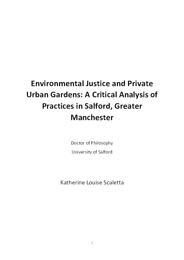 Environmental Justice and Private Urban Gardens: A Critical Analysis of Practices in Salford, Greater Manchester Thumbnail