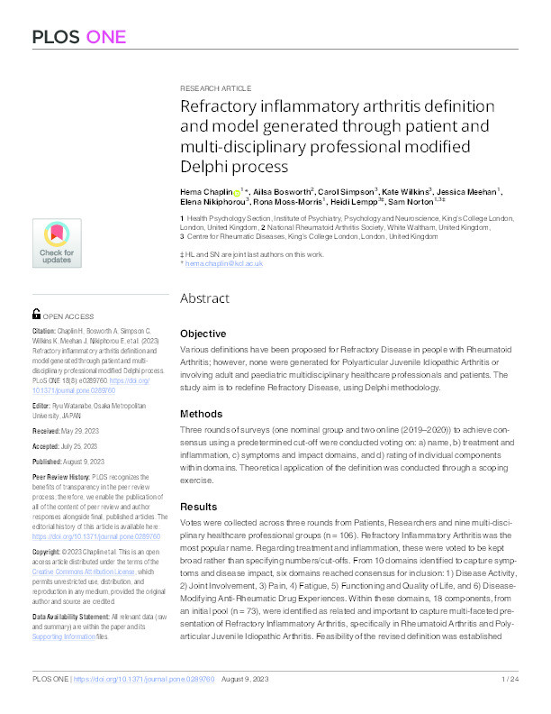 Refractory inflammatory arthritis definition and model generated through patient and multi-disciplinary professional modified Delphi process Thumbnail