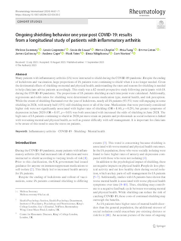 Ongoing shielding behavior one year post COVID-19: results from a longitudinal study of patients with inflammatory arthritis Thumbnail