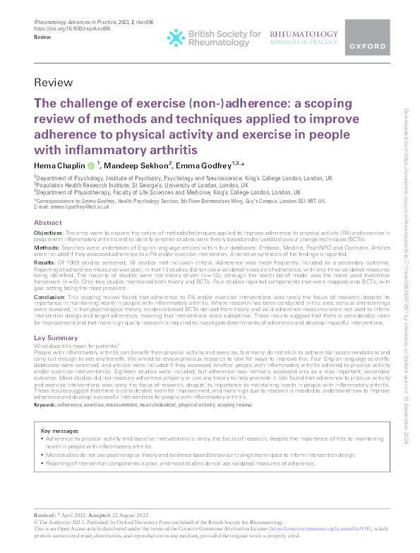 The challenge of exercise (non) adherence: a scoping review of methods and techniques applied to improve adherence to physical activity and exercise in people with inflammatory arthritis Thumbnail