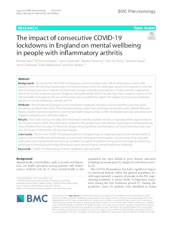 The impact of consecutive COVID-19 lockdowns in England on mental wellbeing in people with inflammatory arthritis Thumbnail