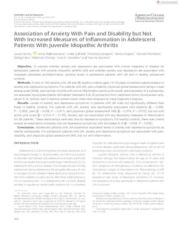 Anxiety associates with pain and disability but not increased measures of inflammation for adolescent patients with juvenile idiopathic arthritis Thumbnail